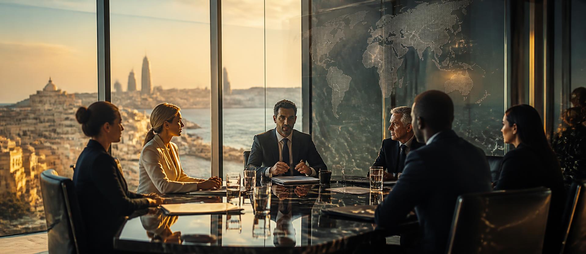 Diverse international executives meeting in a premium boardroom with a world map overlooking a coastal city — representing NexTRADE's multilingual global operations